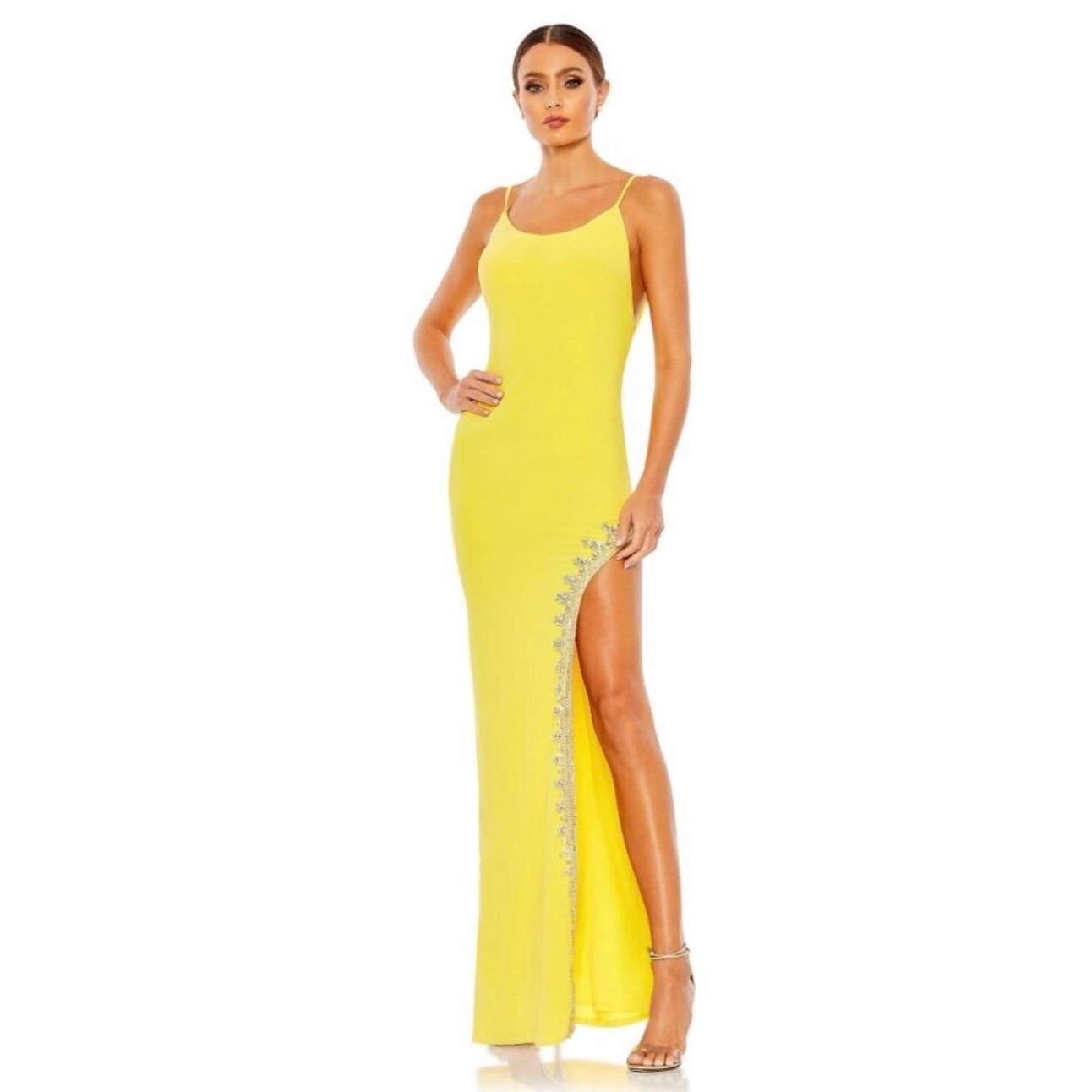 Nwt Mac Duggal Yellow 42002rhinestone Slit Scoop Necklong Gown Sz 12 $398
